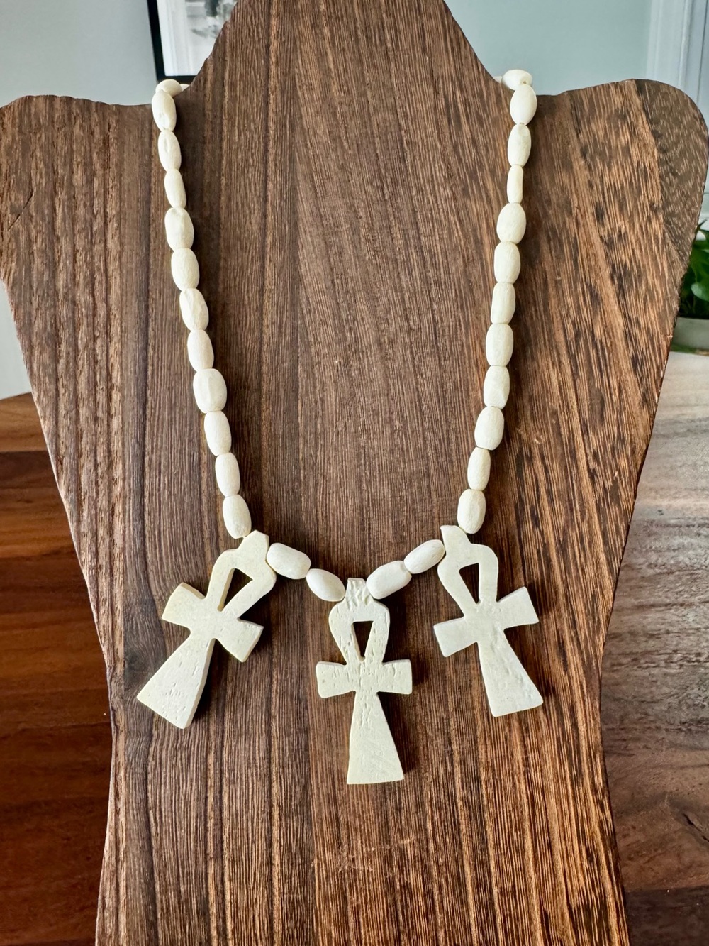 Vintage Celluloid/bone Carved Ankh Pendant Beaded Necklace Egypt 1990
